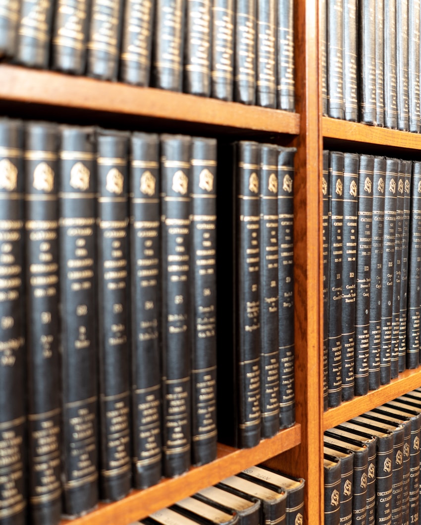 Bound volumes of law reports on a library shelf